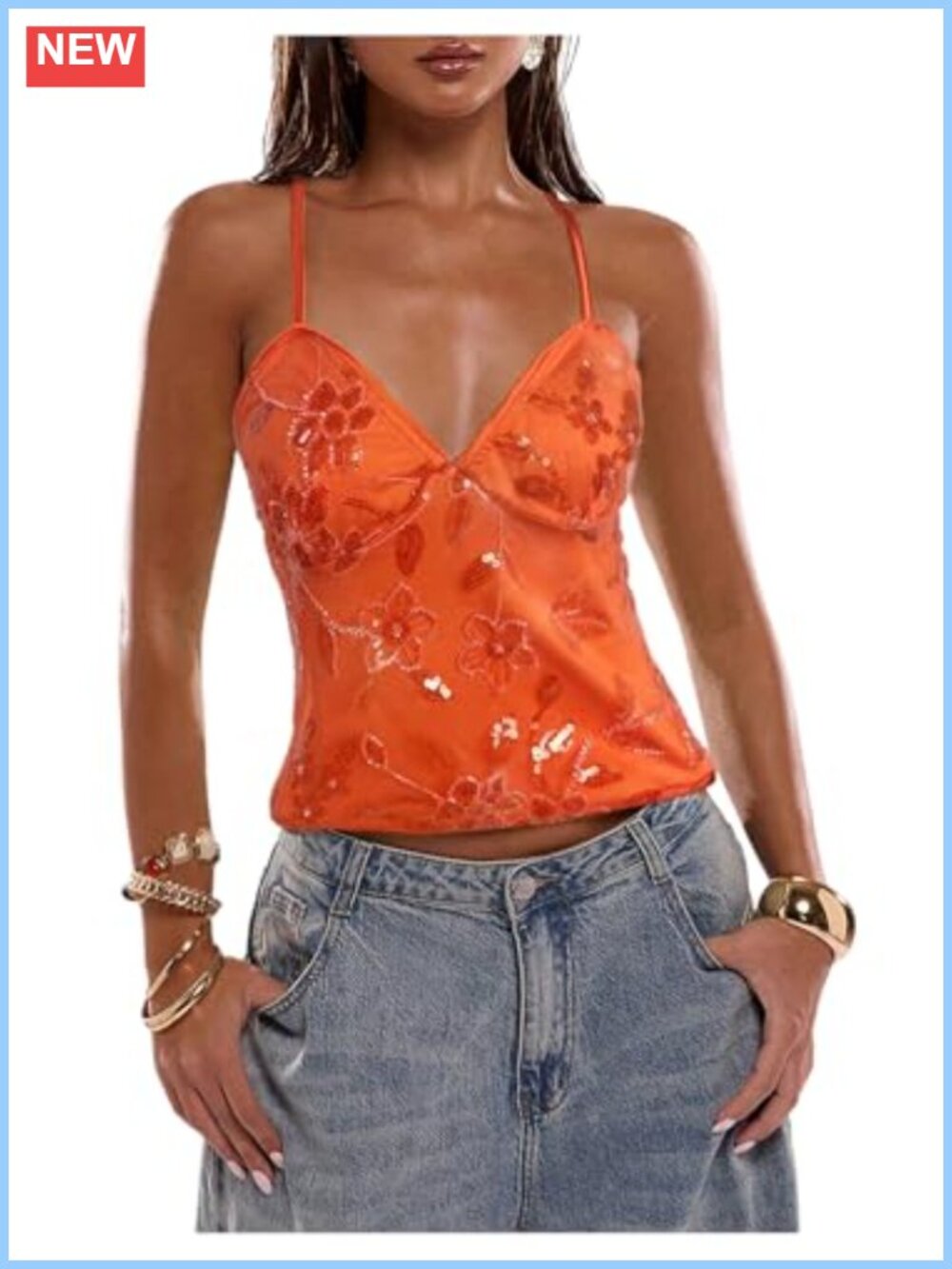 Sequin V-Neck Criss Cross Backless Cami Top Sleeveless Party